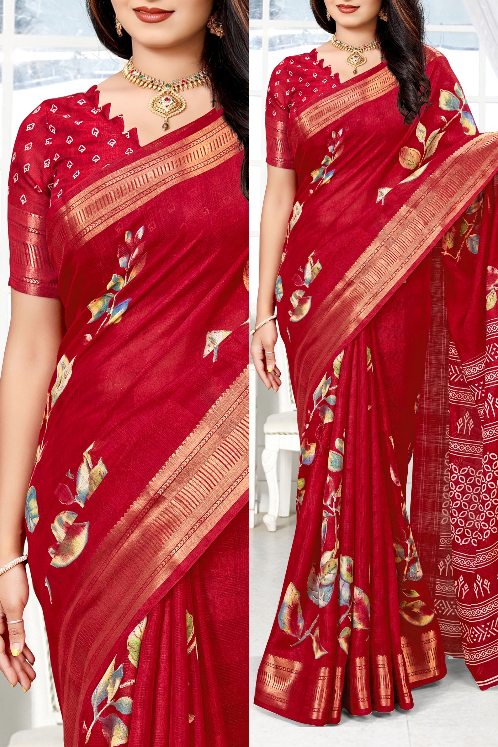 Jaipuri Cotton Rajwadi Print Saree - Swaraas