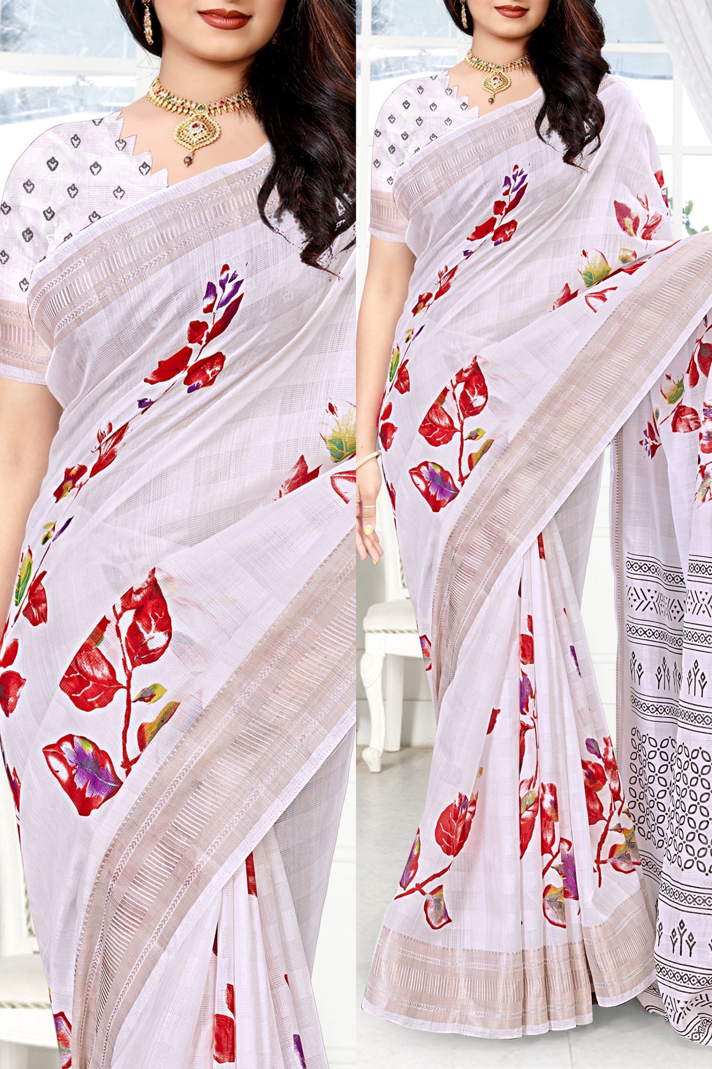 Jaipuri Cotton Rajwadi Print Saree - Swaraas