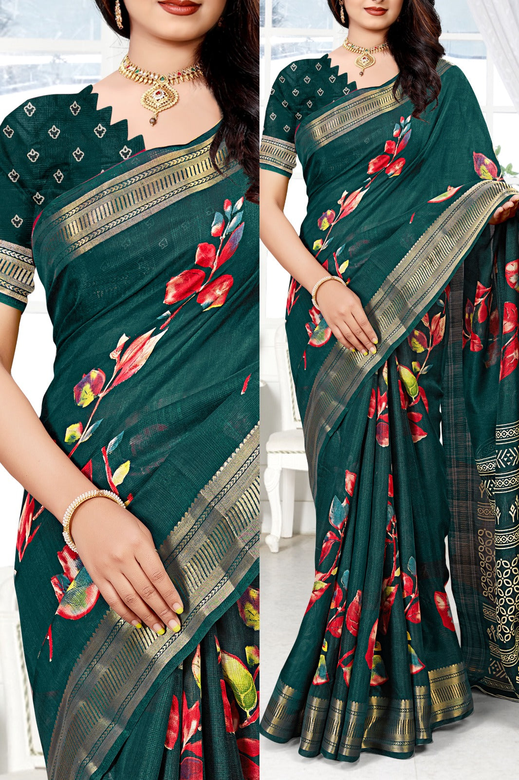 Jaipuri Cotton Rajwadi Print Saree - Swaraas