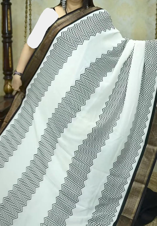 Soft Dola Silk Milky White Stripe Print Saree - Swaraas