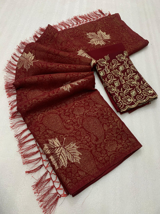 Georgette fabric with additional smoke work with beautiful leather foil with heavy tone to tone embroidary work blouse - Swaraas