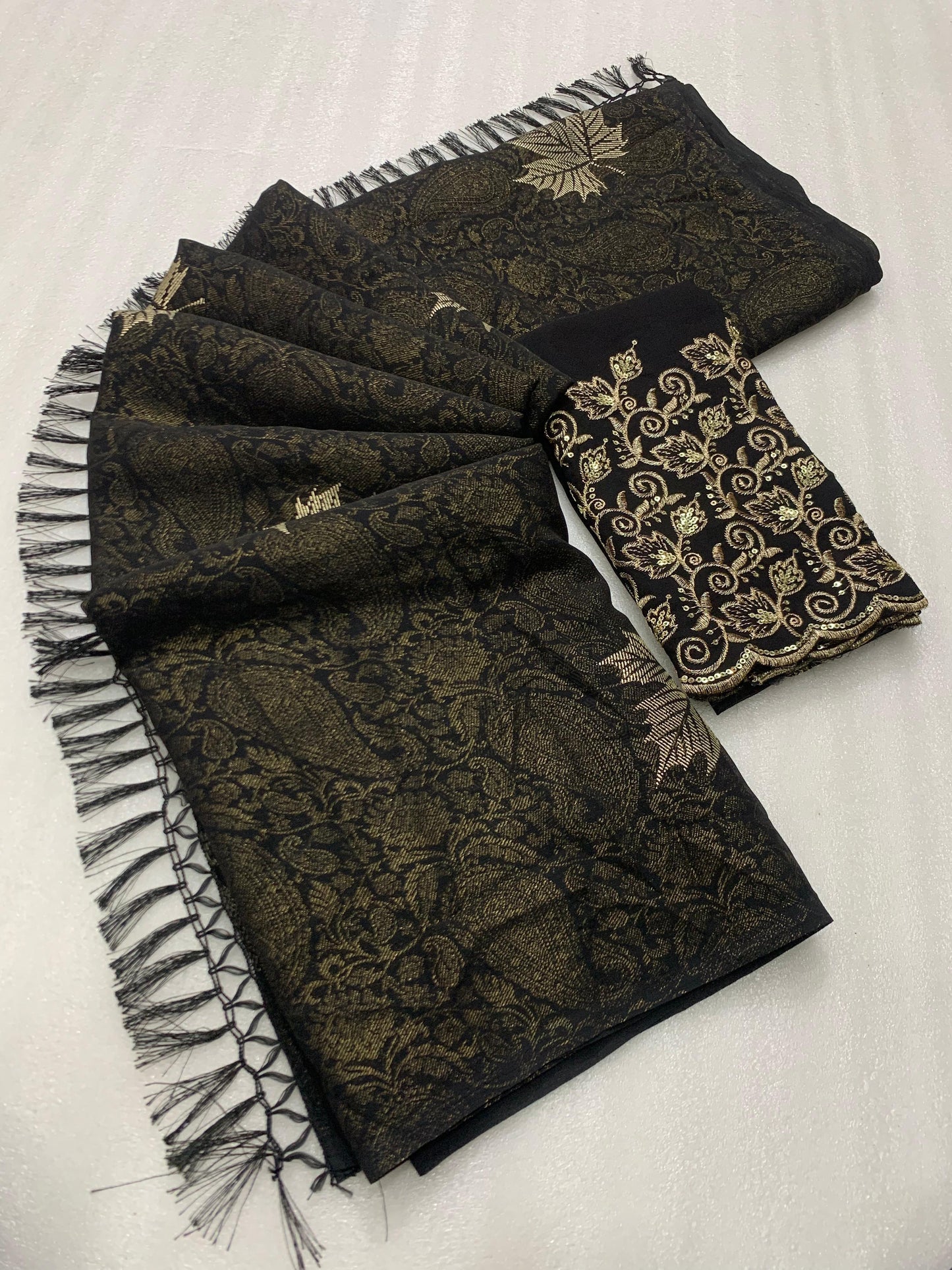 Georgette fabric with additional smoke work with beautiful leather foil with heavy tone to tone embroidary work blouse - Swaraas