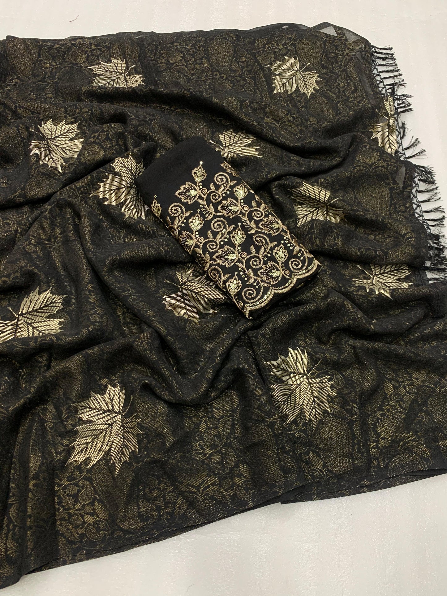 Georgette fabric with additional smoke work with beautiful leather foil with heavy tone to tone embroidary work blouse - Swaraas
