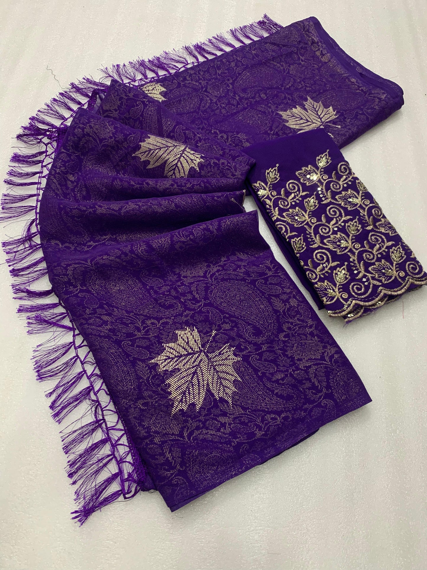 Georgette fabric with additional smoke work with beautiful leather foil with heavy tone to tone embroidary work blouse - Swaraas