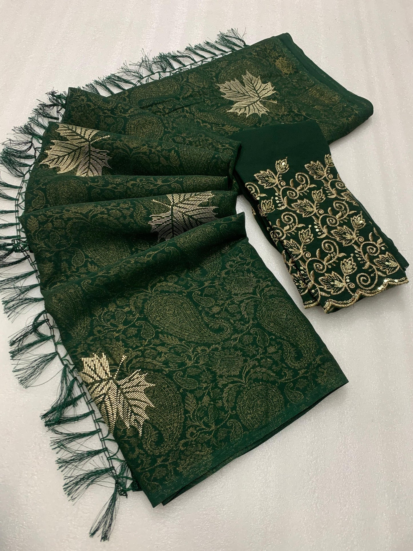 Georgette fabric with additional smoke work with beautiful leather foil with heavy tone to tone embroidary work blouse - Swaraas