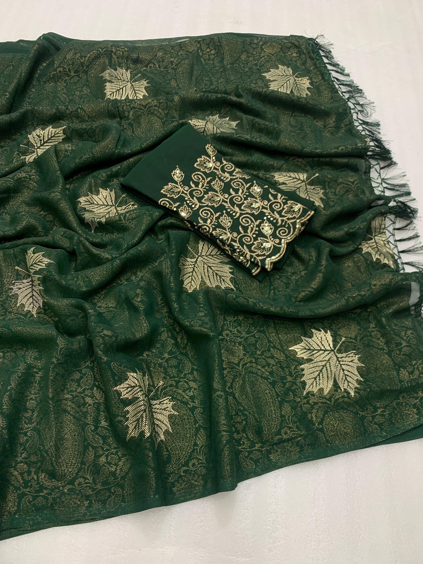 Georgette fabric with additional smoke work with beautiful leather foil with heavy tone to tone embroidary work blouse - Swaraas