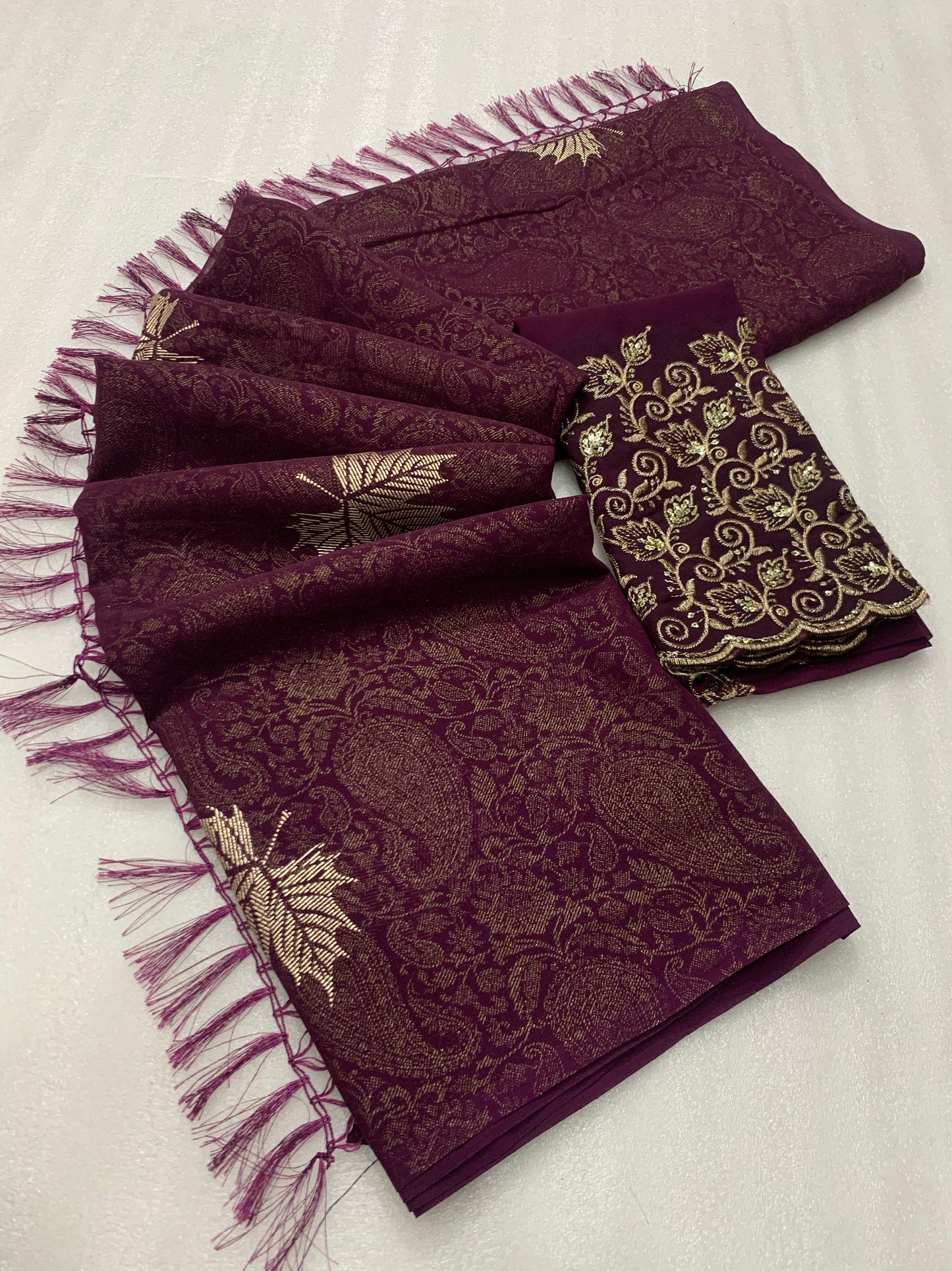 Georgette fabric with additional smoke work with beautiful leather foil with heavy tone to tone embroidary work blouse - Swaraas