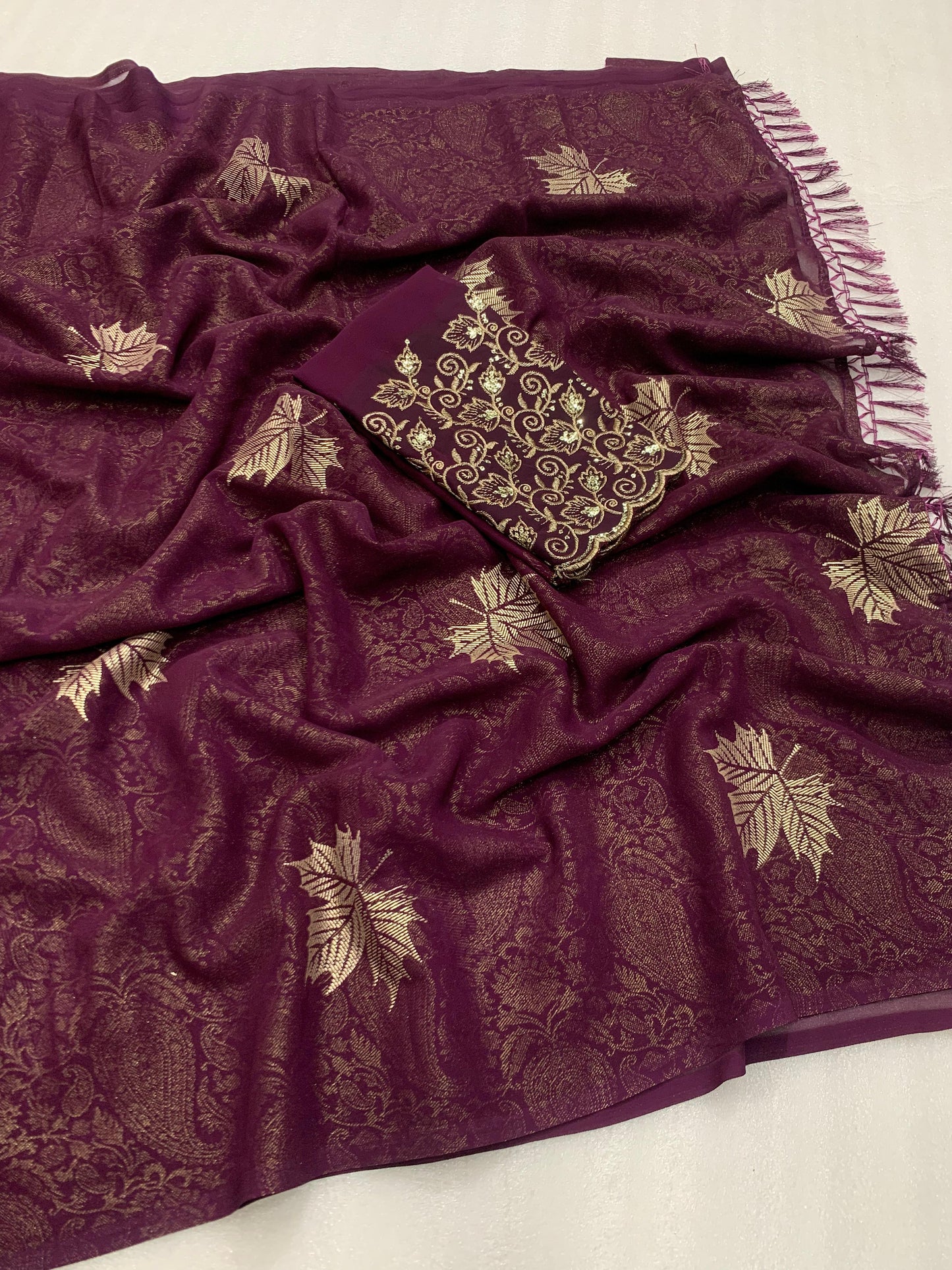 Georgette fabric with additional smoke work with beautiful leather foil with heavy tone to tone embroidary work blouse - Swaraas