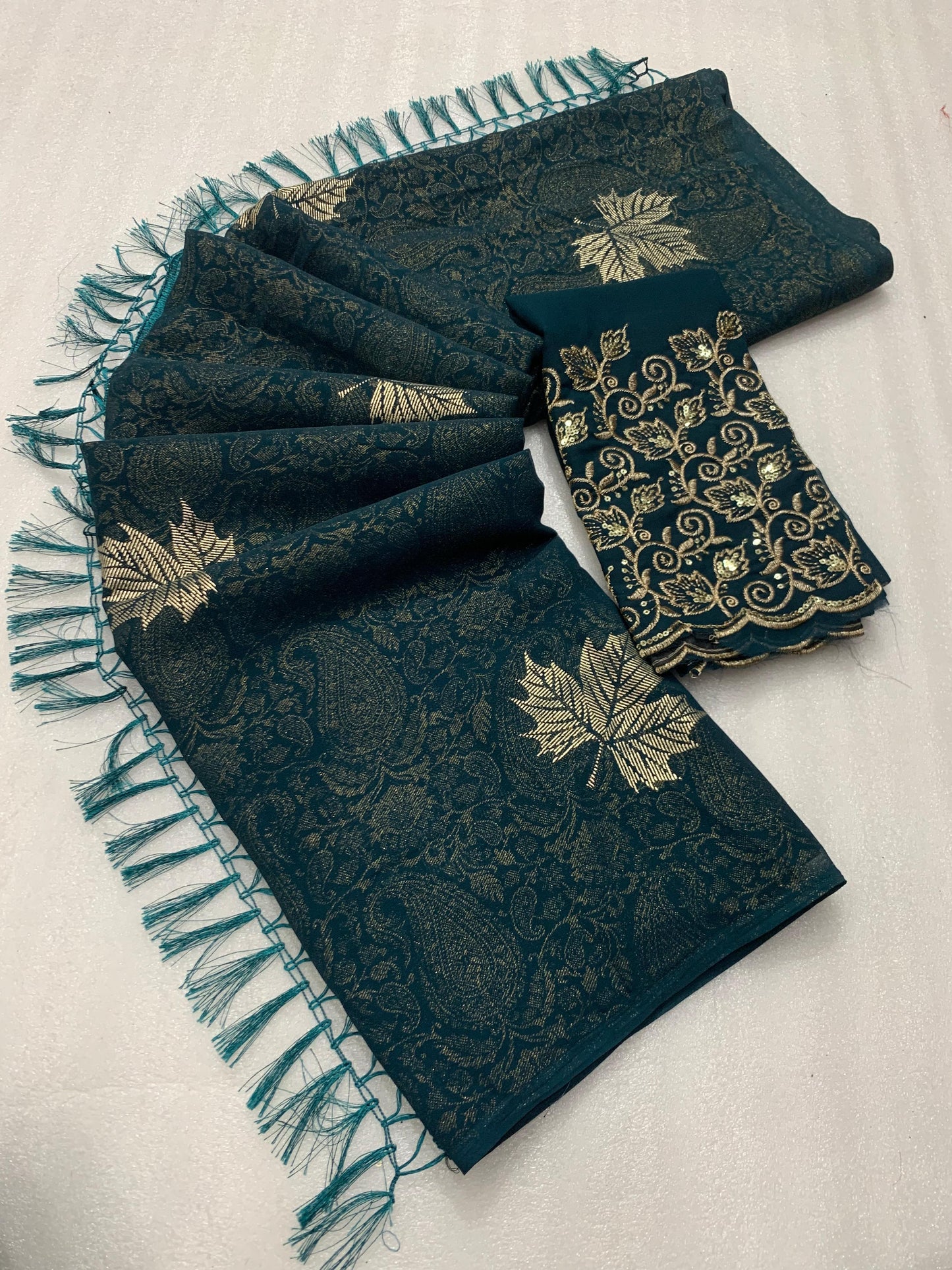 Georgette fabric with additional smoke work with beautiful leather foil with heavy tone to tone embroidary work blouse - Swaraas