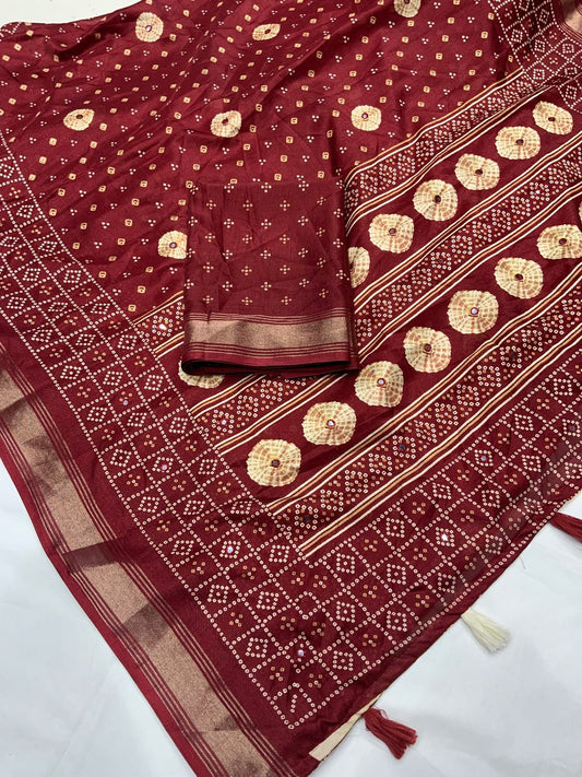 Soft Cotton Crepe Bandhani Print Saree with Mirror Work, Zari Border & Tassels – Swaraas.in