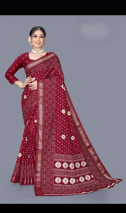 Soft Cotton Crepe Bandhani Print Saree with Mirror Work, Zari Border & Tassels – Swaraas.in