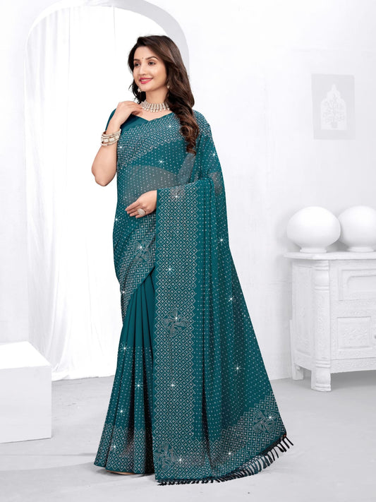 Celebrity-Inspired Georgette Saree with All-Over Diamond Work – Perfect for Party & Wedding Wear | Swaraas.in