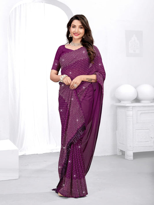 Celebrity-Inspired Georgette Saree with All-Over Diamond Work – Perfect for Party & Wedding Wear | Swaraas.in