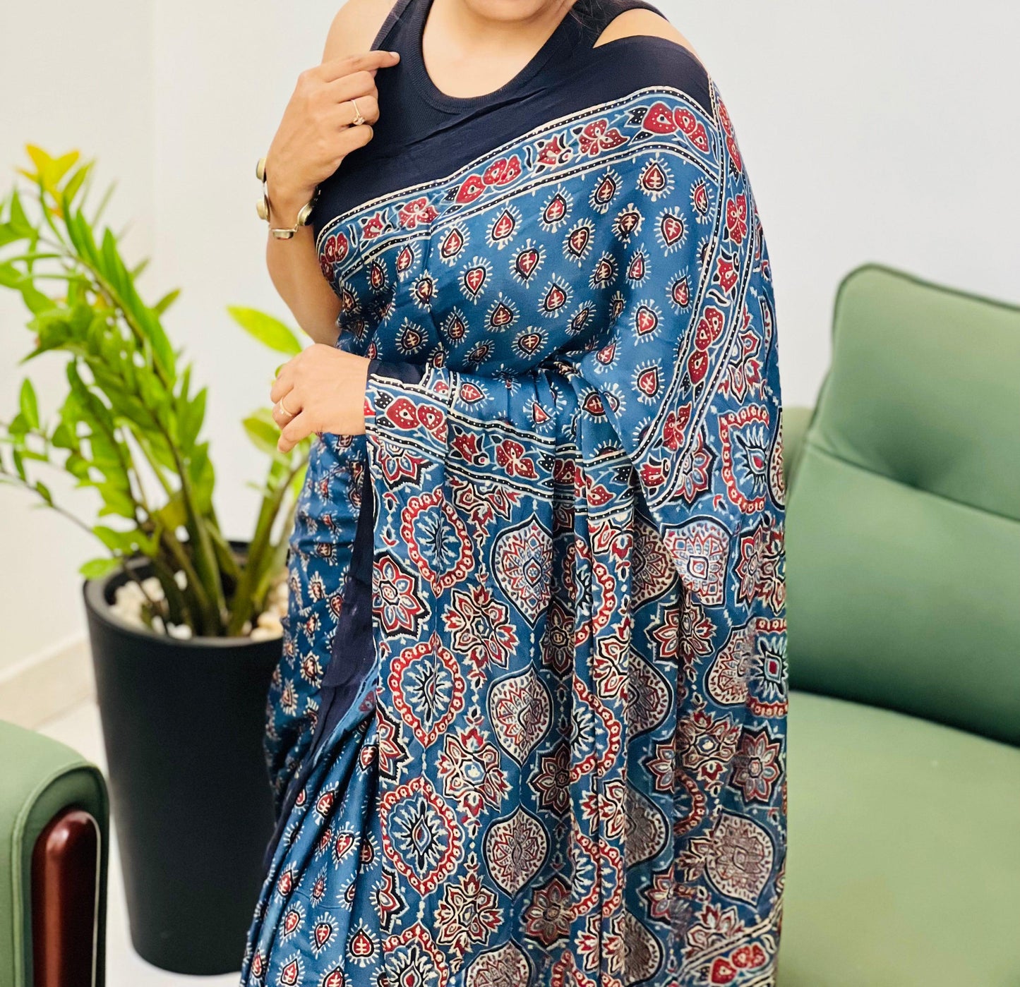 Ajrakh Print Soft Cotton Saree with All-Over Digital Print – Perfect for Festive & Party Wear | Swaraas.in