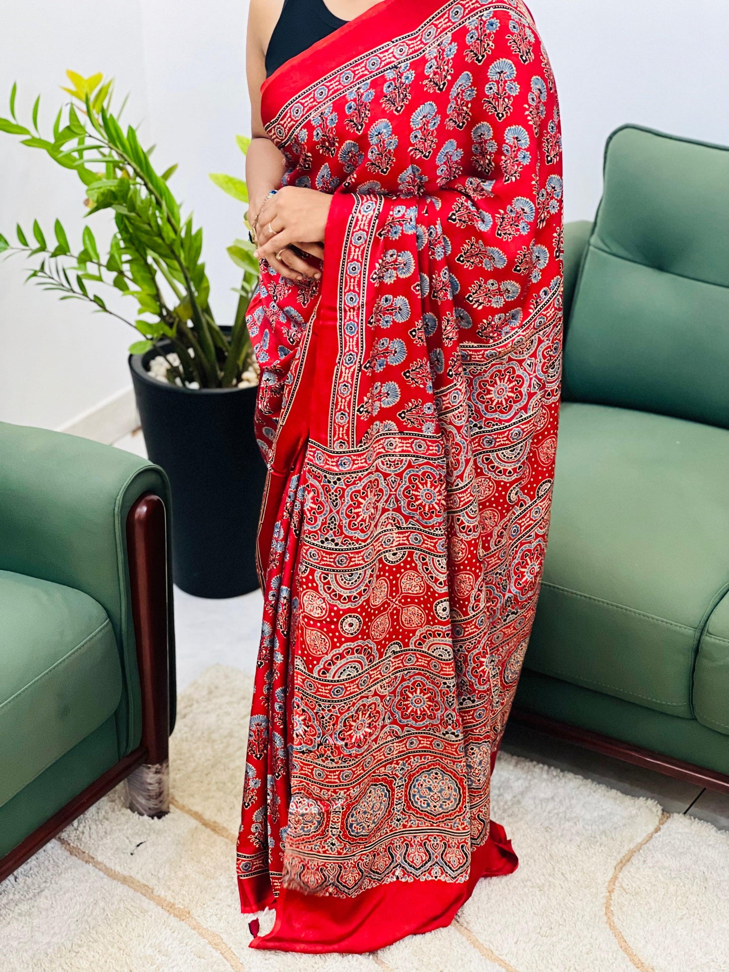 Ajrakh Print Soft Cotton Saree with All-Over Digital Print – Perfect for Festive & Party Wear | Swaraas.in