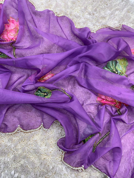 Organza Tebi Silk Saree with Floral Print & Pure Handwork – Comes with Heavy Embroidered Blouse | Swaraas.in