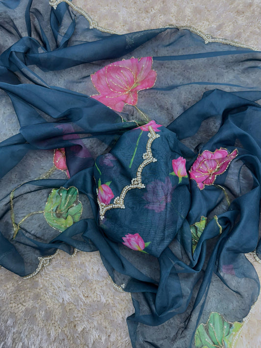 Organza Tebi Silk Saree with Floral Print & Pure Handwork – Comes with Heavy Embroidered Blouse | Swaraas.in