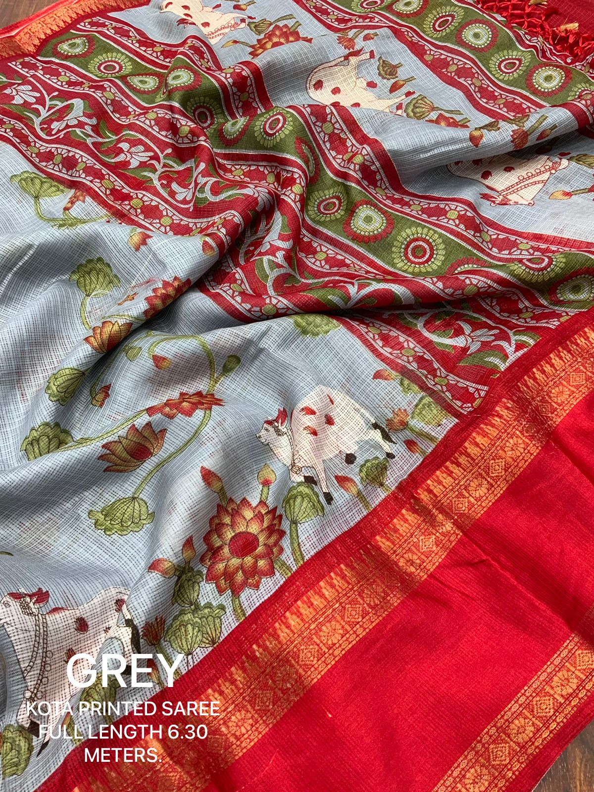 Pichwai Print Kota Doria Saree with Bentex Jacquard Border & Jhalar | Running Blouse