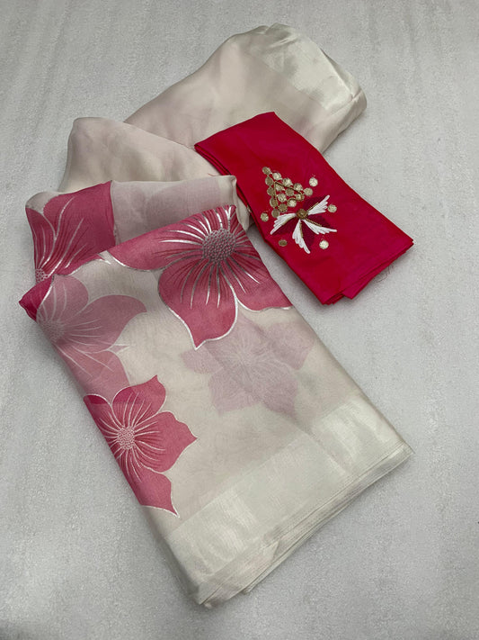 Pure Soft Organza Beautiful print with foil outline allover saree | SWARAAS | TANISHQ - Swaraas