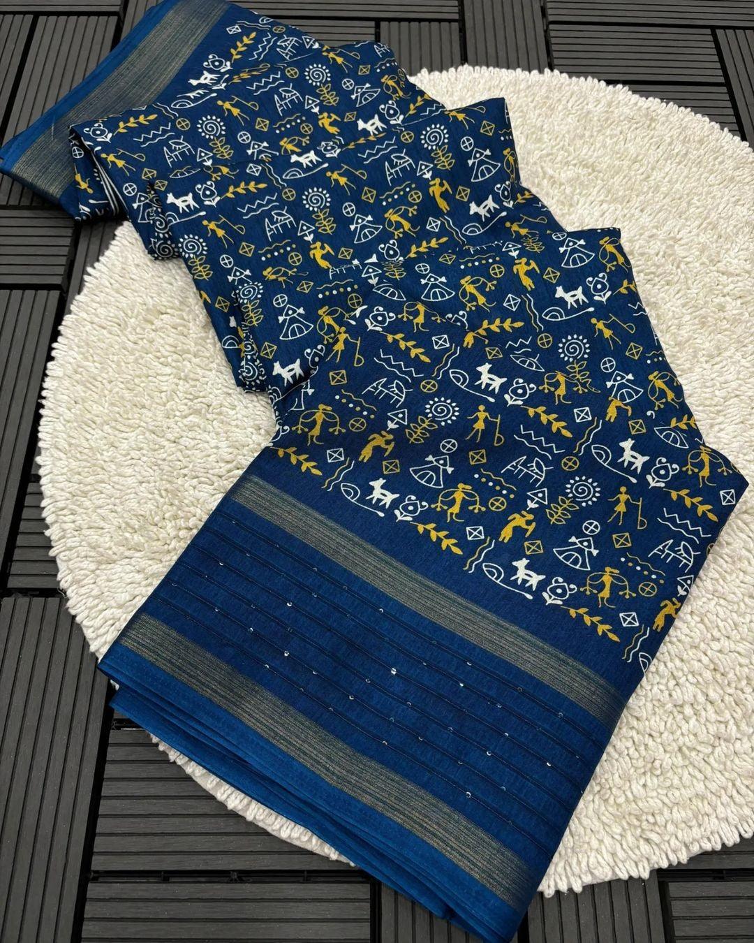 DOLA SILK SAREE WITH WORLI PRINT AND SEQUENCE BORDER - Swaraas