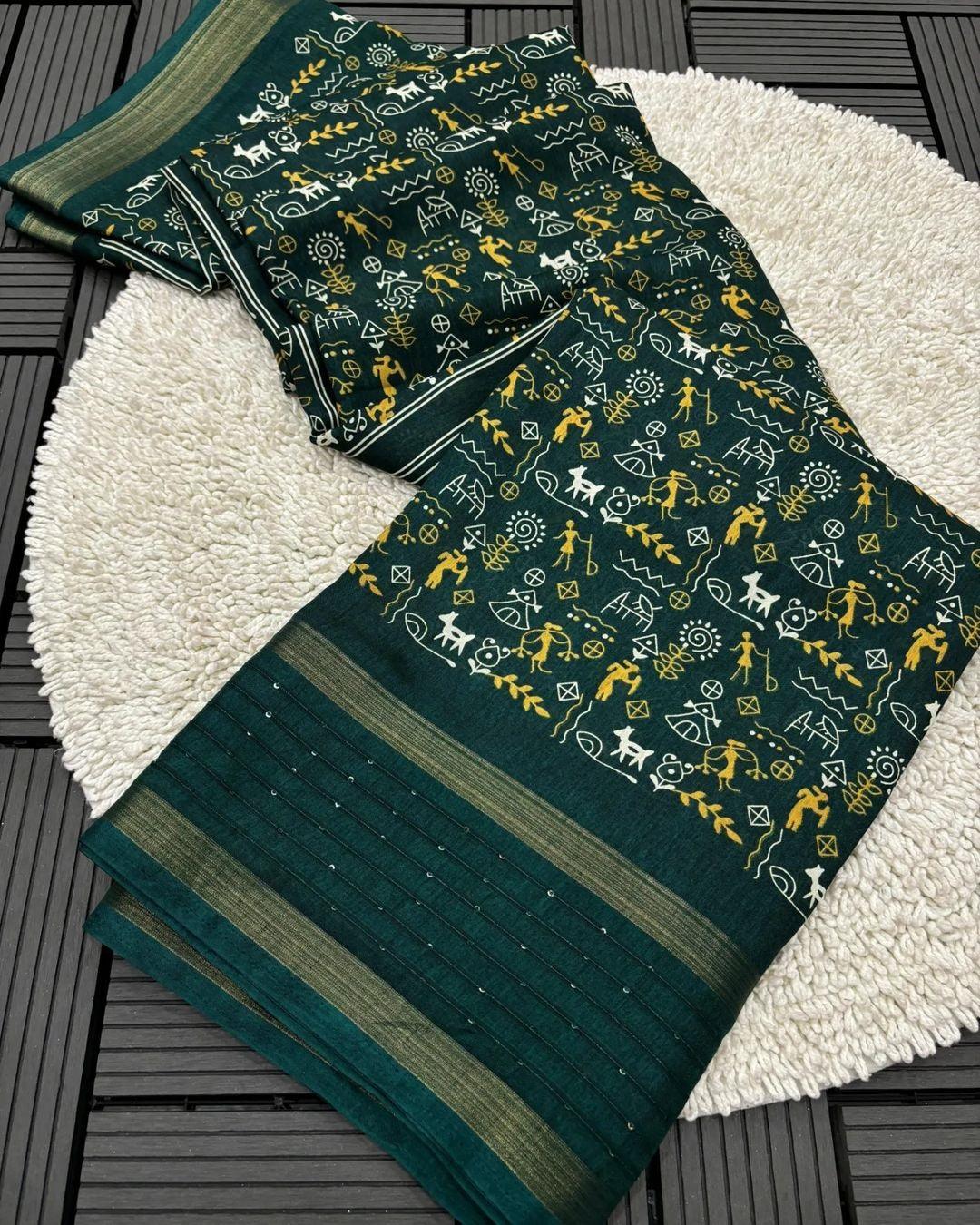 Soft Dola Silk Kalamkari Saree with Worli Print & Sequin Border | Printed Blouse – Swaraas