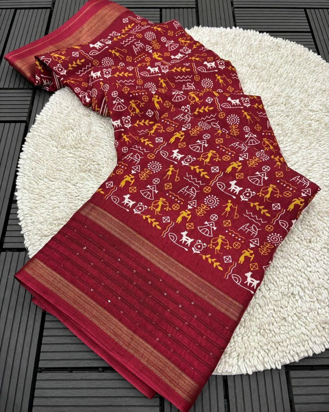 Soft Dola Silk Kalamkari Saree with Worli Print & Sequin Border | Printed Blouse – Swaraas