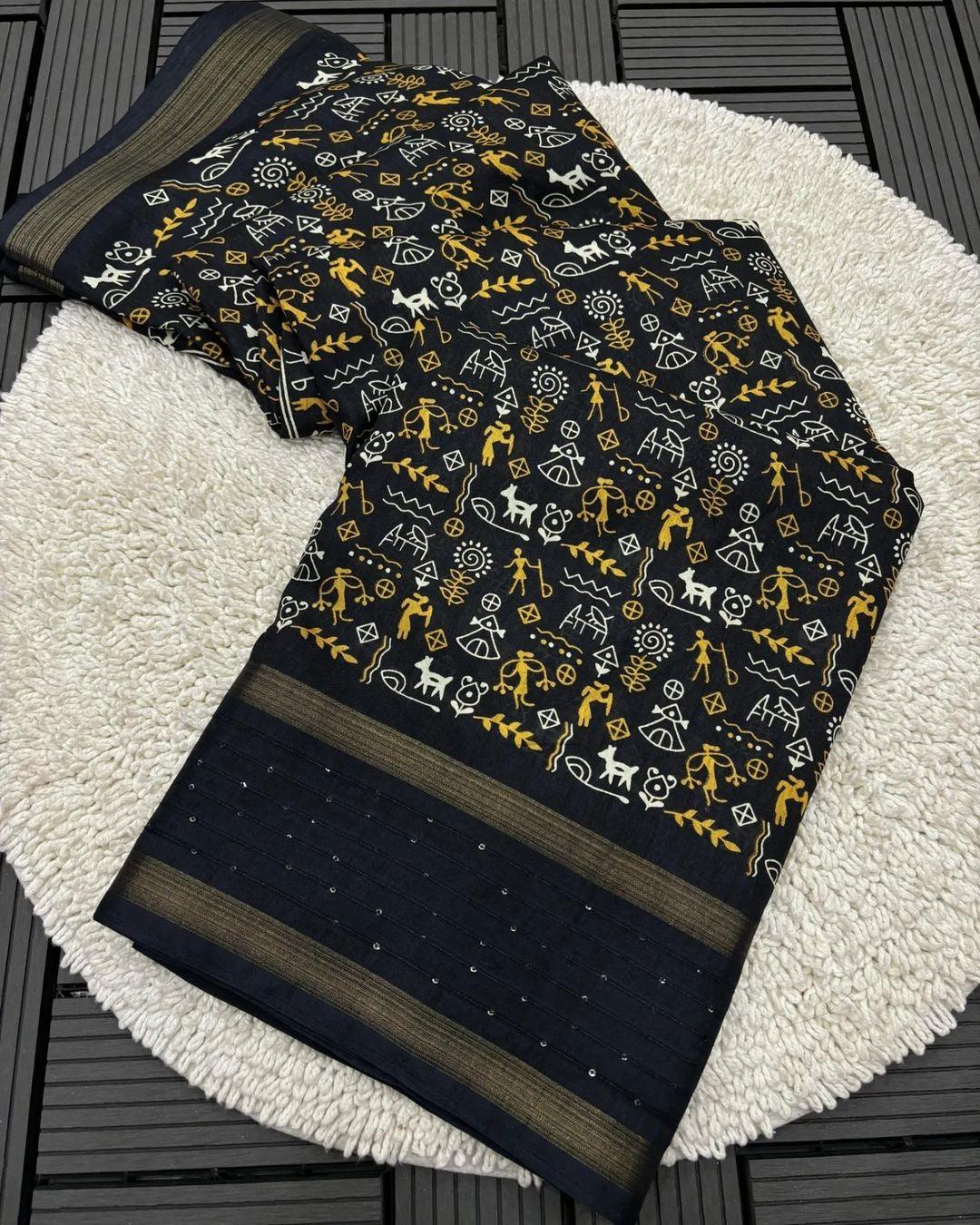 DOLA SILK SAREE WITH WORLI PRINT AND SEQUENCE BORDER - Swaraas