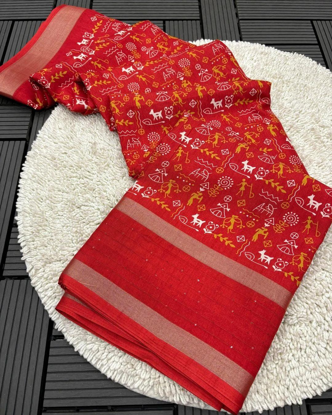 DOLA SILK SAREE WITH WORLI PRINT AND SEQUENCE BORDER - Swaraas