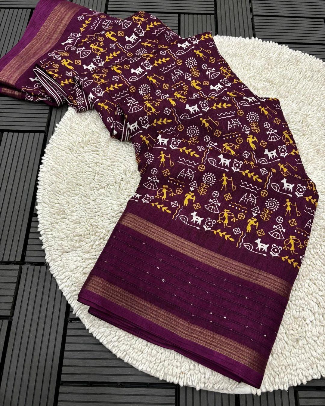 DOLA SILK SAREE WITH WORLI PRINT AND SEQUENCE BORDER - Swaraas