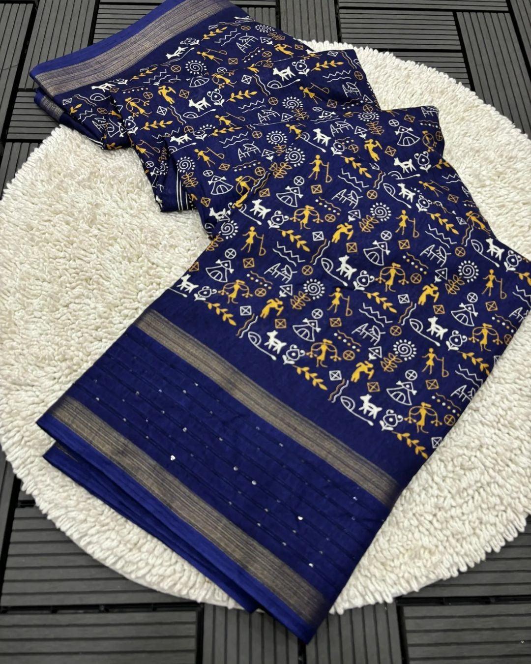 DOLA SILK SAREE WITH WORLI PRINT AND SEQUENCE BORDER - Swaraas