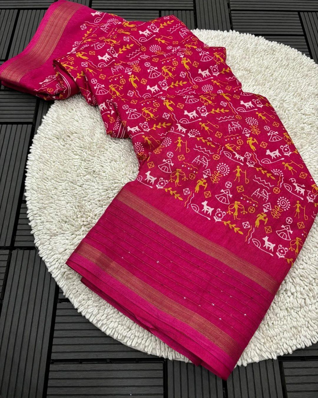 DOLA SILK SAREE WITH WORLI PRINT AND SEQUENCE BORDER - Swaraas