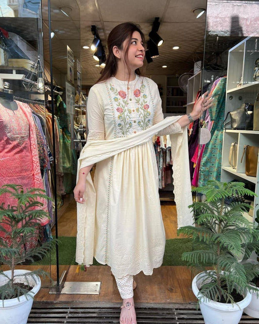PANCHI | Cotton chikankari embroidered kurta with pants and stall dupatta will make you look the best - Swaraas