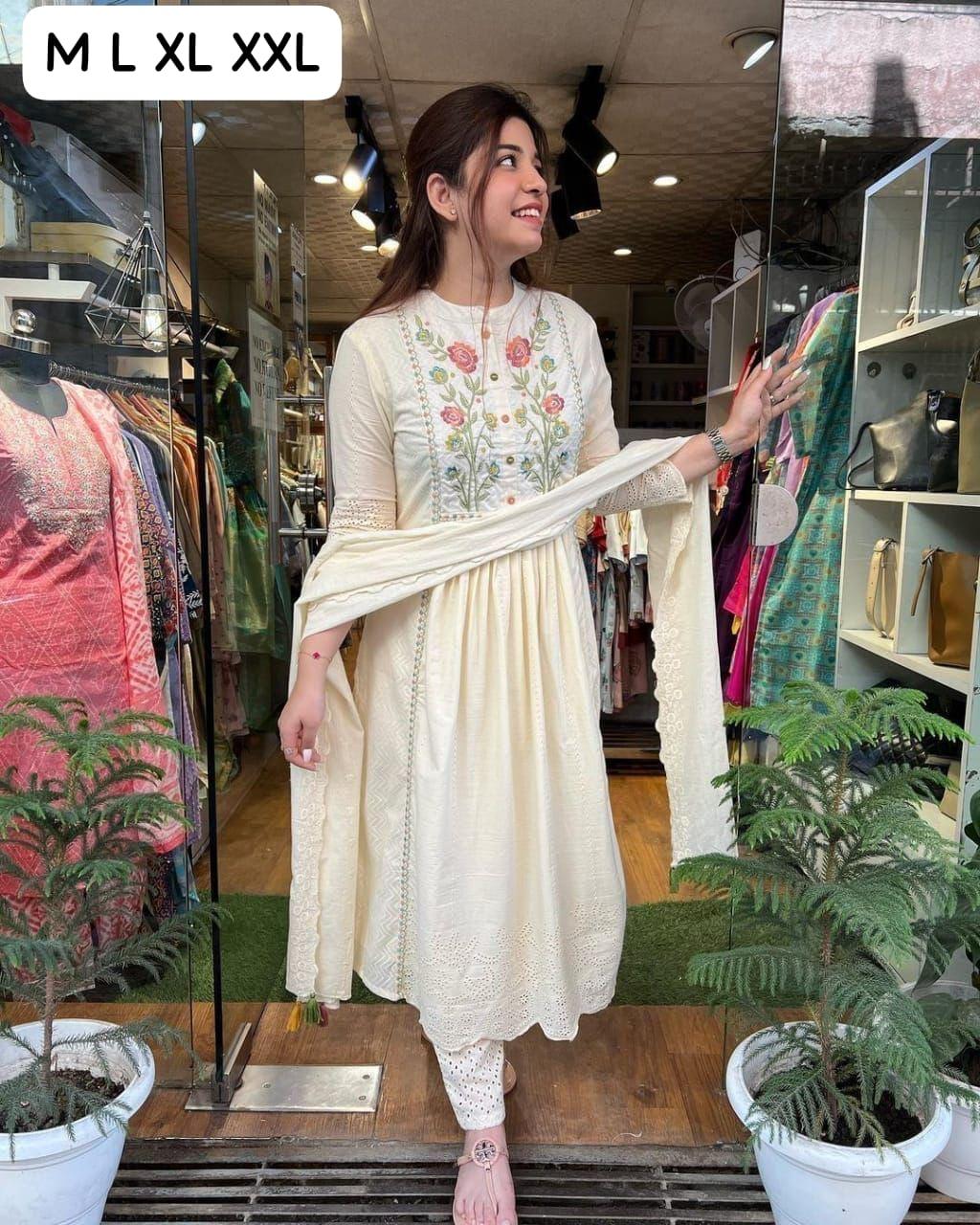 PANCHI | Cotton chikankari embroidered kurta with pants and stall dupatta will make you look the best - Swaraas