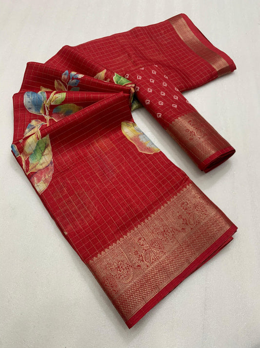 Designer hand printed saree with zari weaving checks and boder - Swaraas
