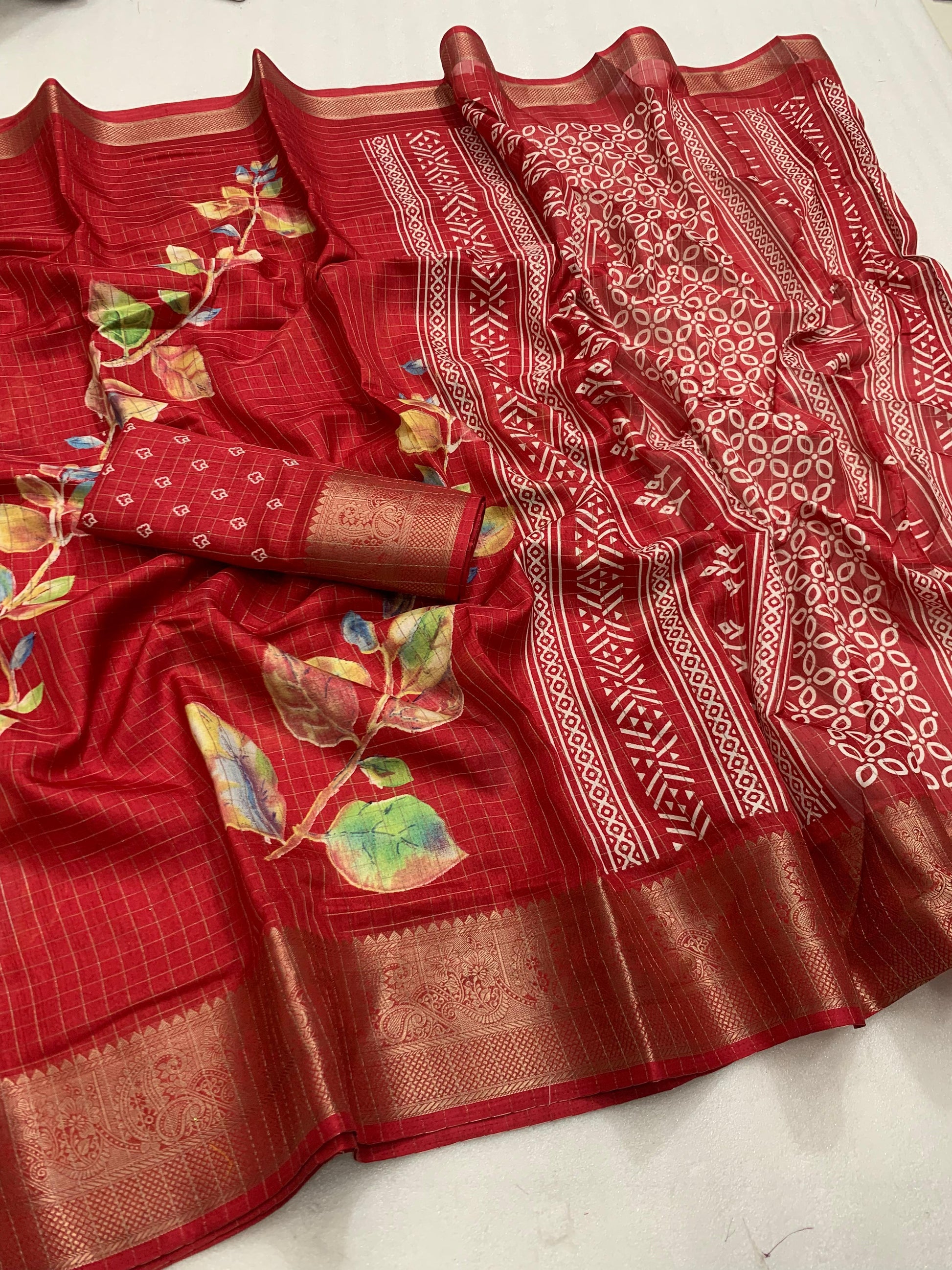Designer hand printed saree with zari weaving checks and boder - Swaraas