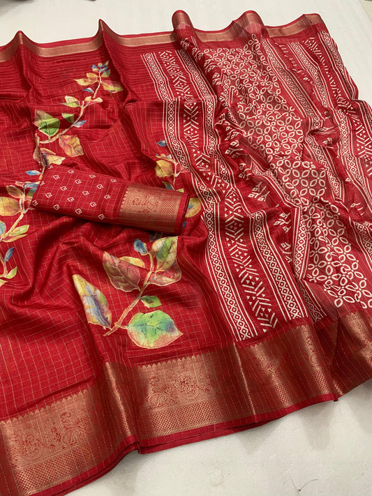 Designer hand printed saree with zari weaving checks and boder - Swaraas