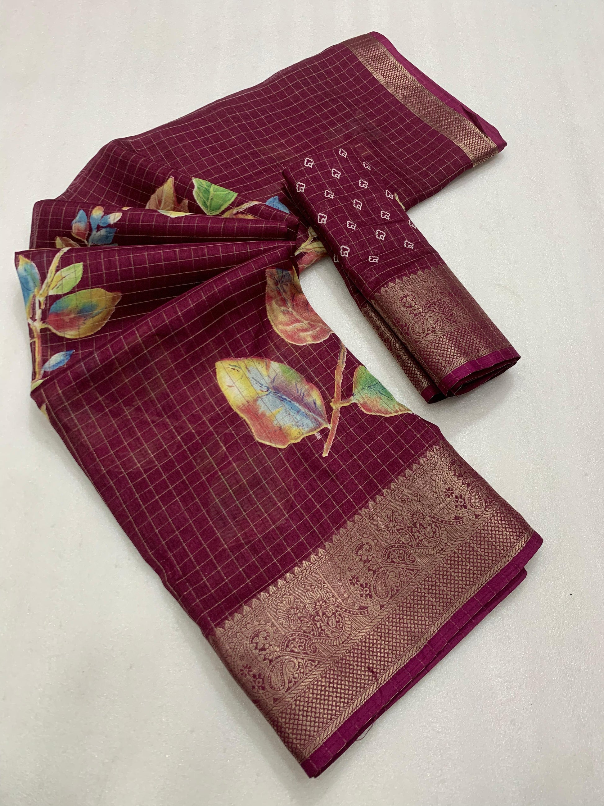 Designer hand printed saree with zari weaving checks and boder - Swaraas