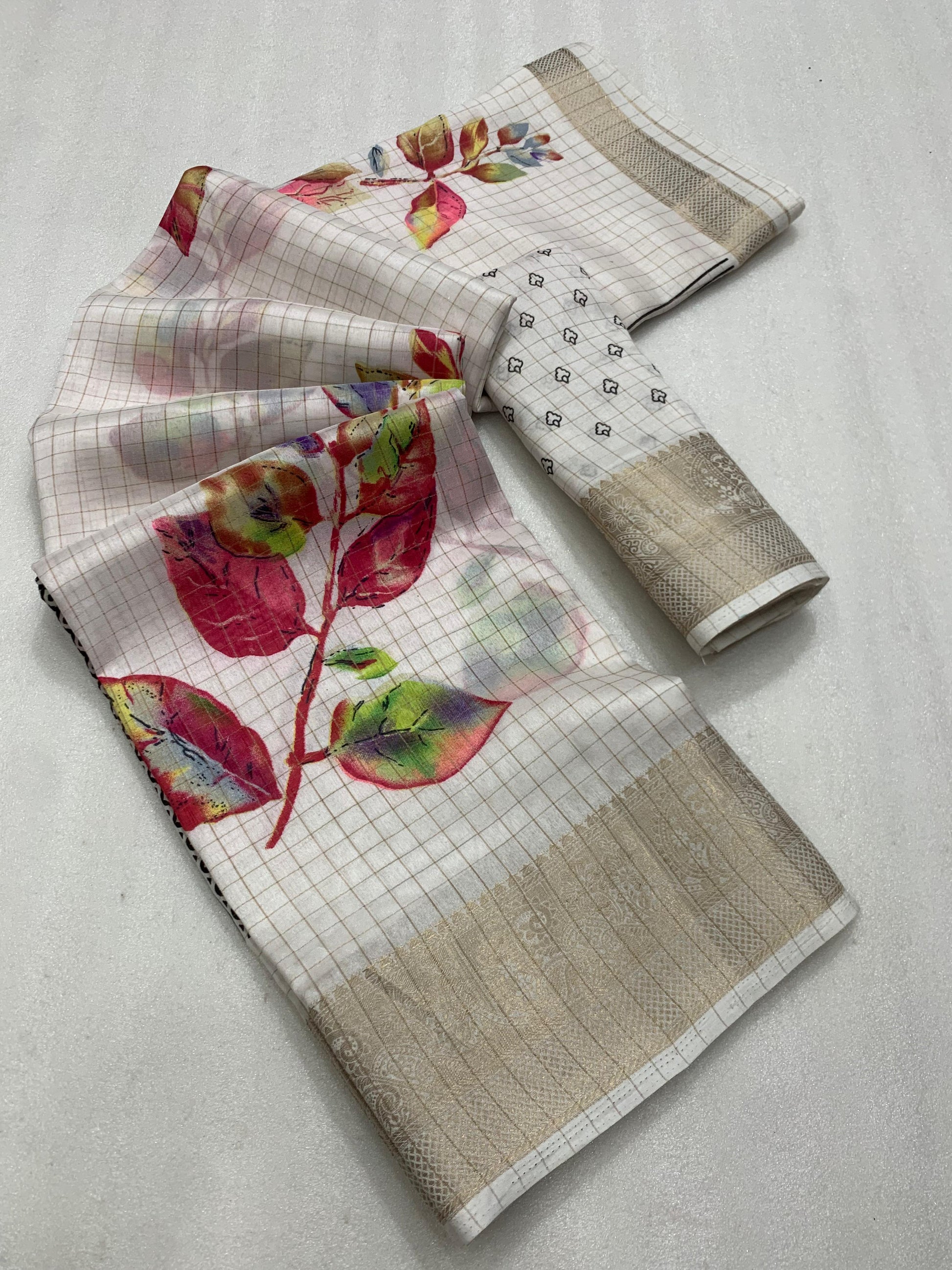 Designer hand printed saree with zari weaving checks and boder - Swaraas