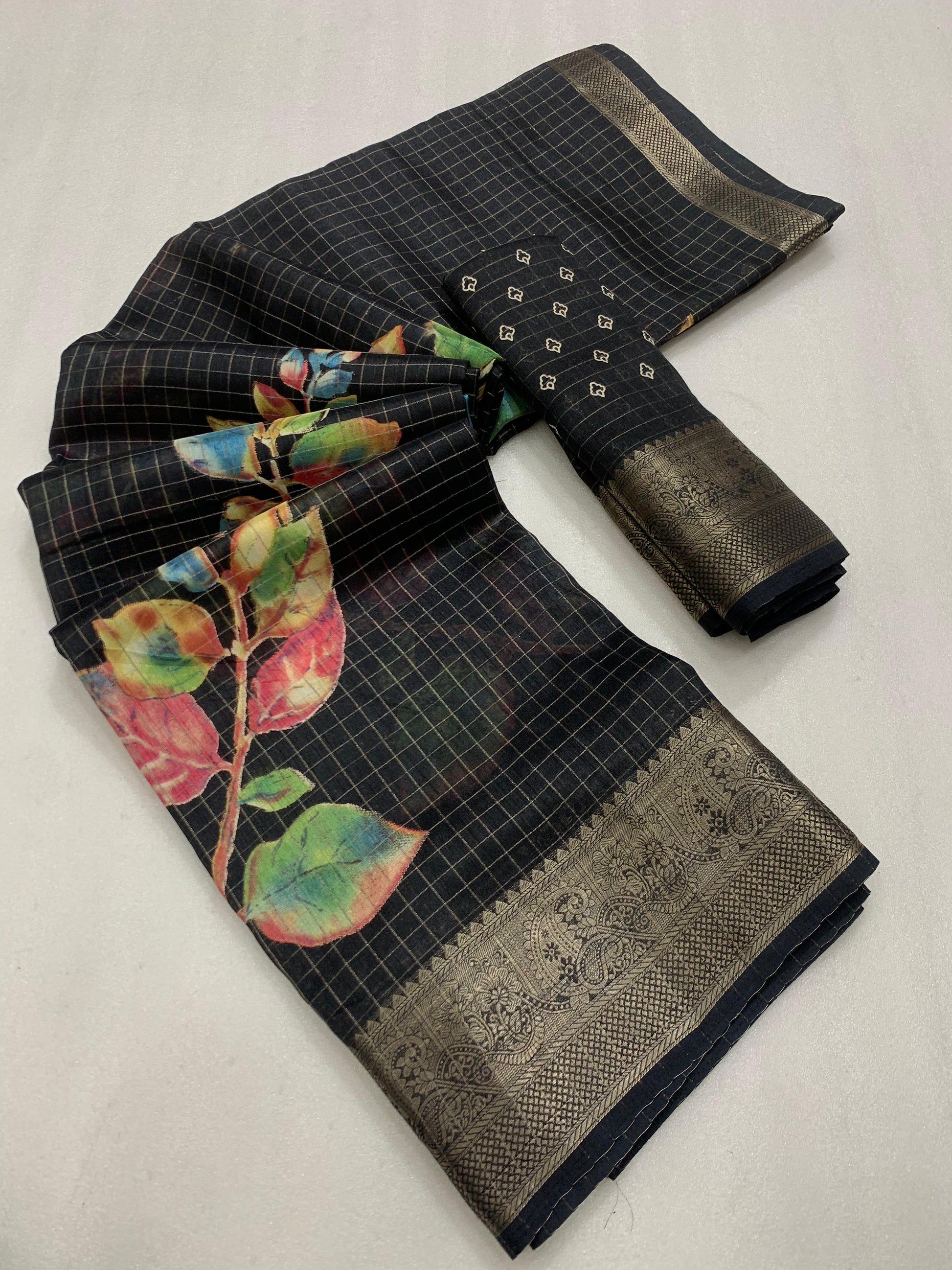 Designer hand printed saree with zari weaving checks and boder - Swaraas