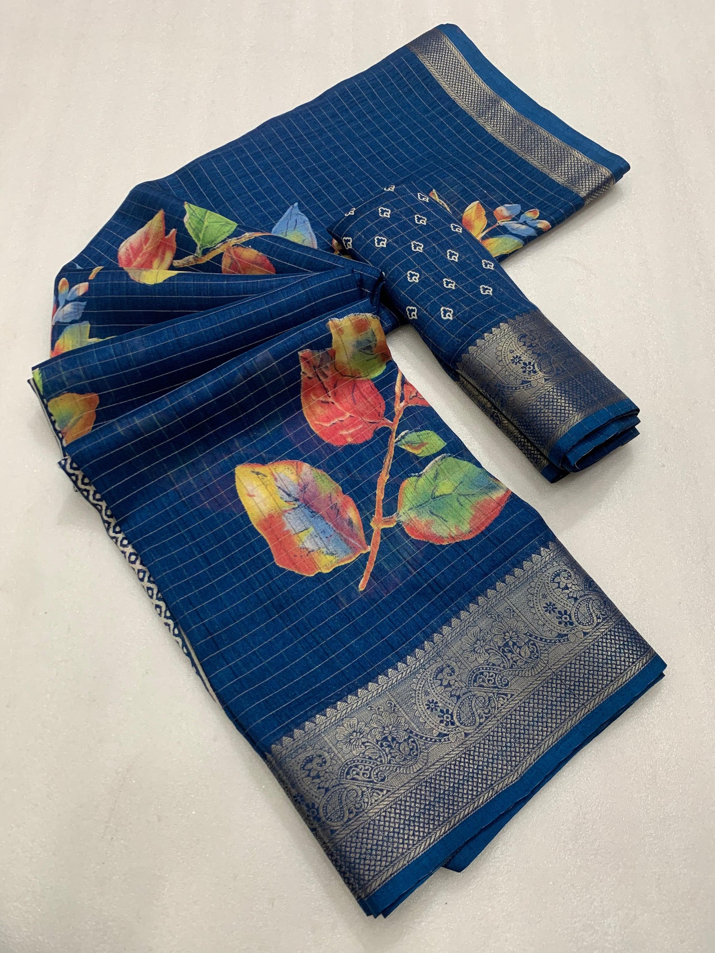 Designer hand printed saree with zari weaving checks and boder - Swaraas