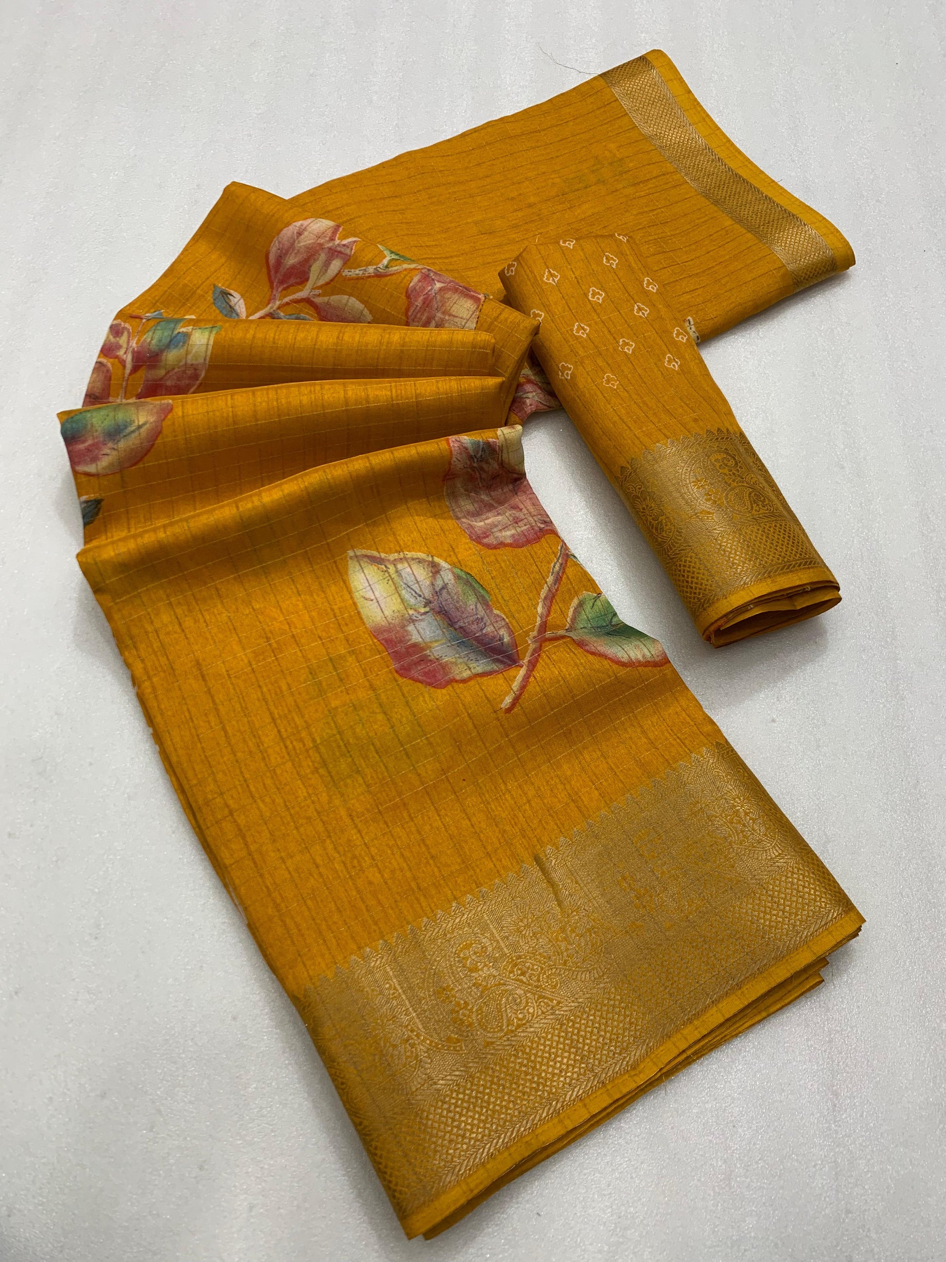 Designer hand printed saree with zari weaving checks and boder - Swaraas