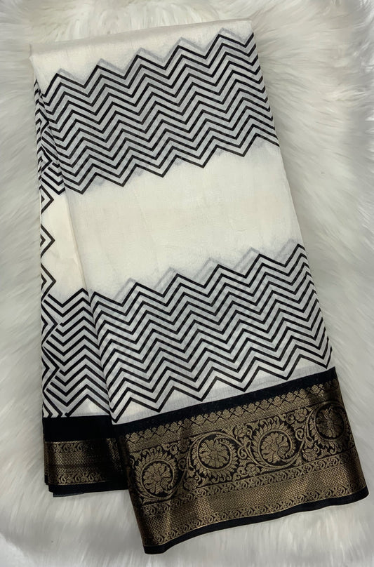 Soft Dola Silk Milky White Stripe Print Saree - Swaraas