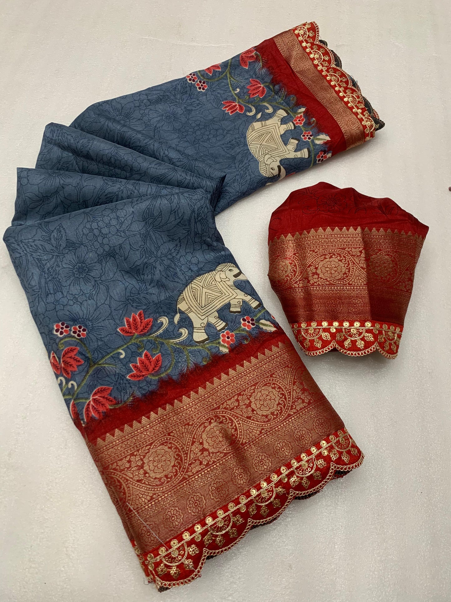 Beautiful Benny crape saree with all over kalamkari design along with scallop maggam work lace at border - Swaraas