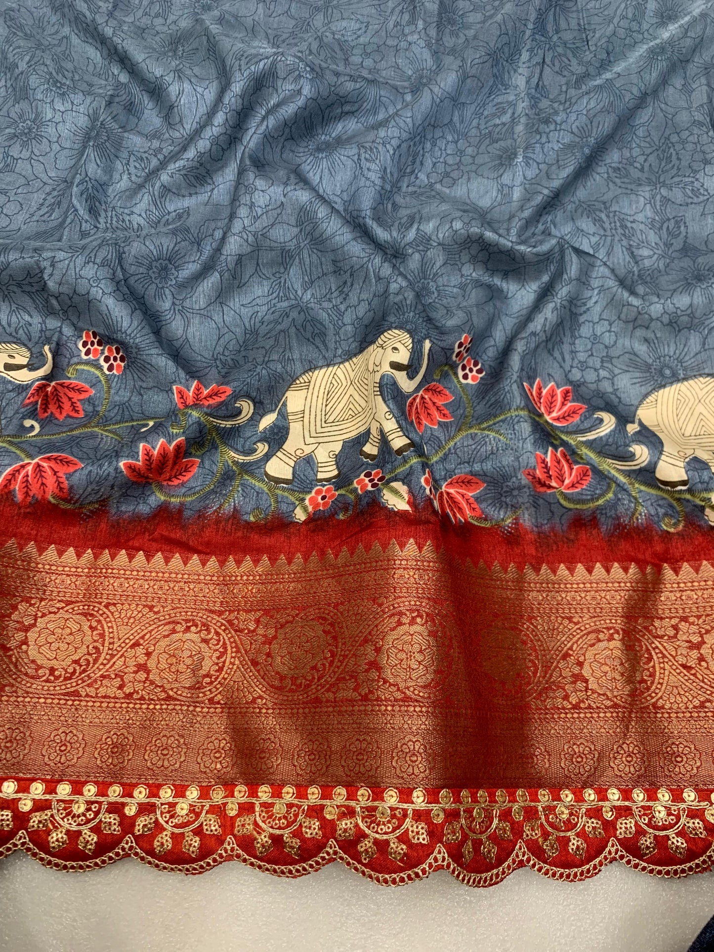Beautiful Benny crape saree with all over kalamkari design along with scallop maggam work lace at border - Swaraas