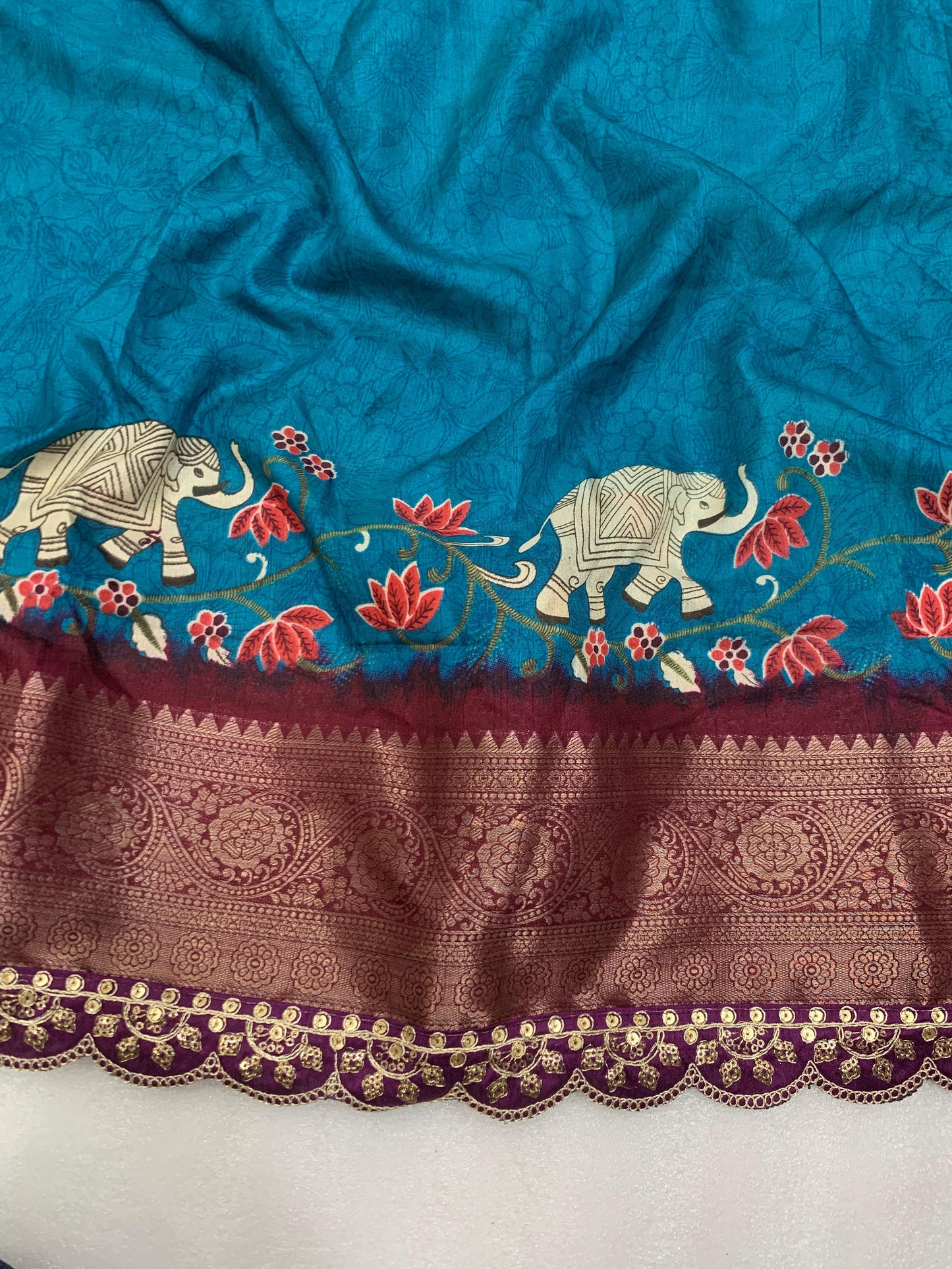 Beautiful Benny crape saree with all over kalamkari design along with scallop maggam work lace at border - Swaraas