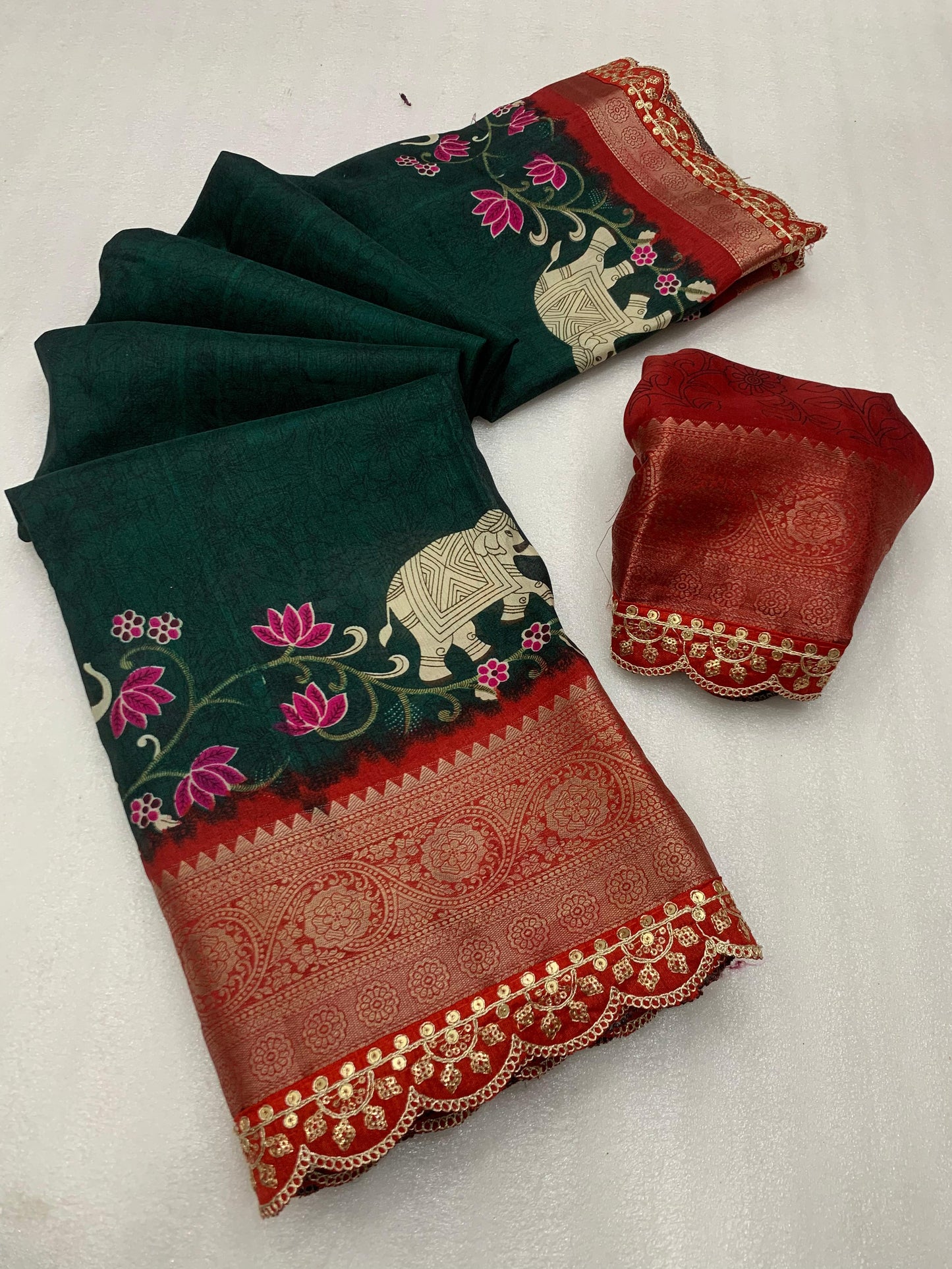 Beautiful Benny crape saree with all over kalamkari design along with scallop maggam work lace at border - Swaraas