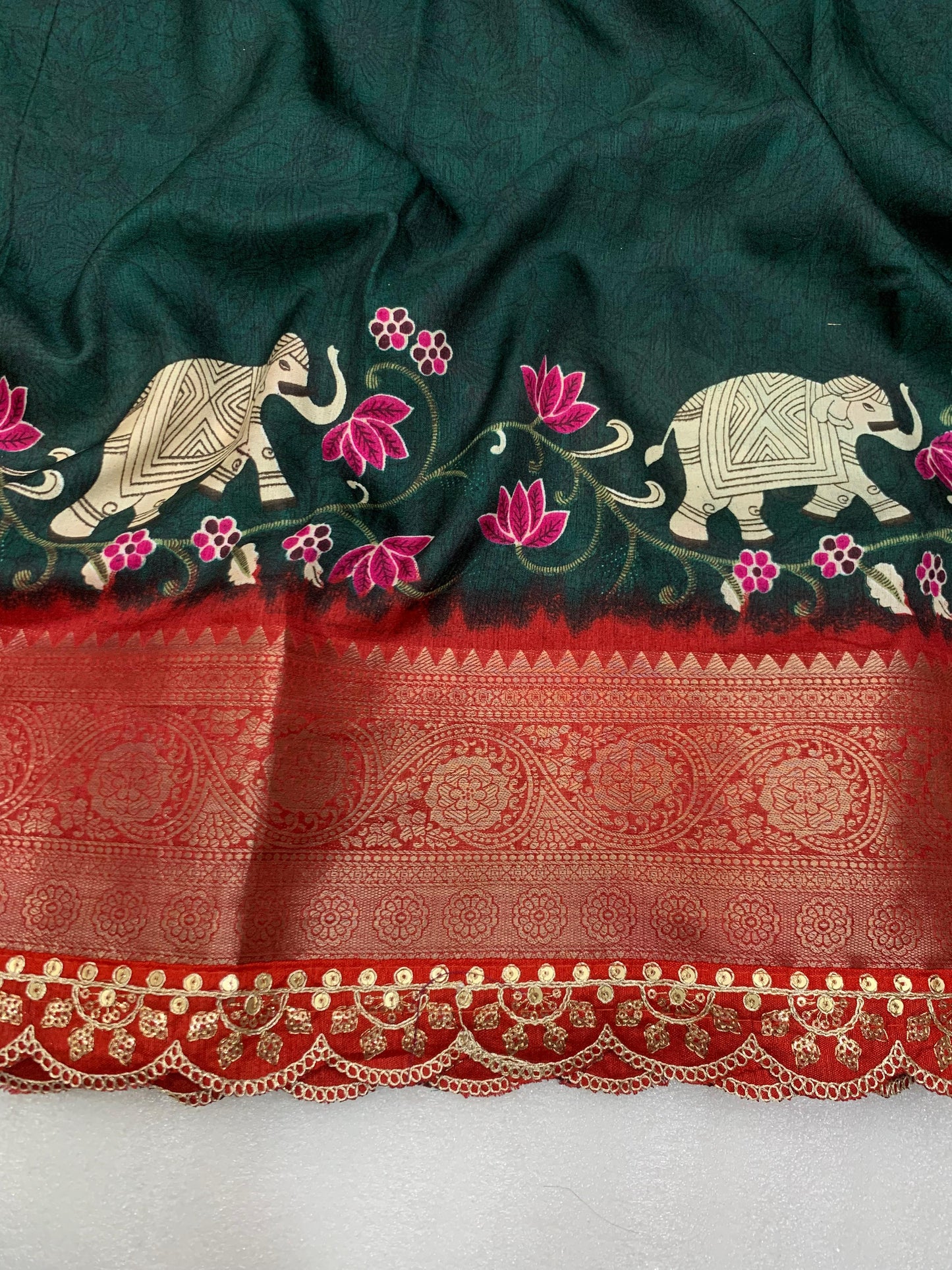 Beautiful Benny crape saree with all over kalamkari design along with scallop maggam work lace at border - Swaraas