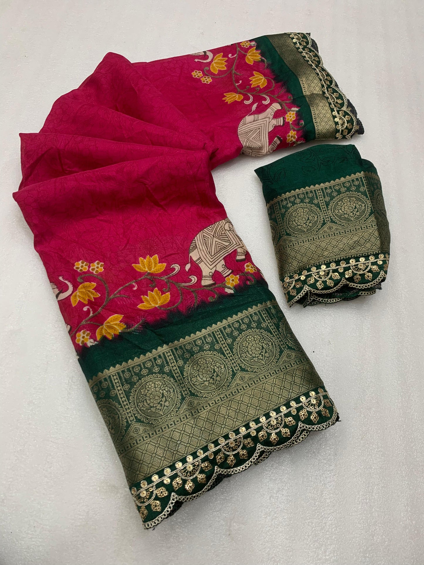 Beautiful Benny crape saree with all over kalamkari design along with scallop maggam work lace at border - Swaraas