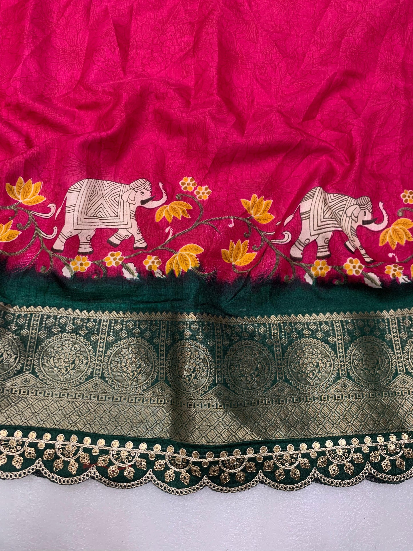 Beautiful Benny crape saree with all over kalamkari design along with scallop maggam work lace at border - Swaraas
