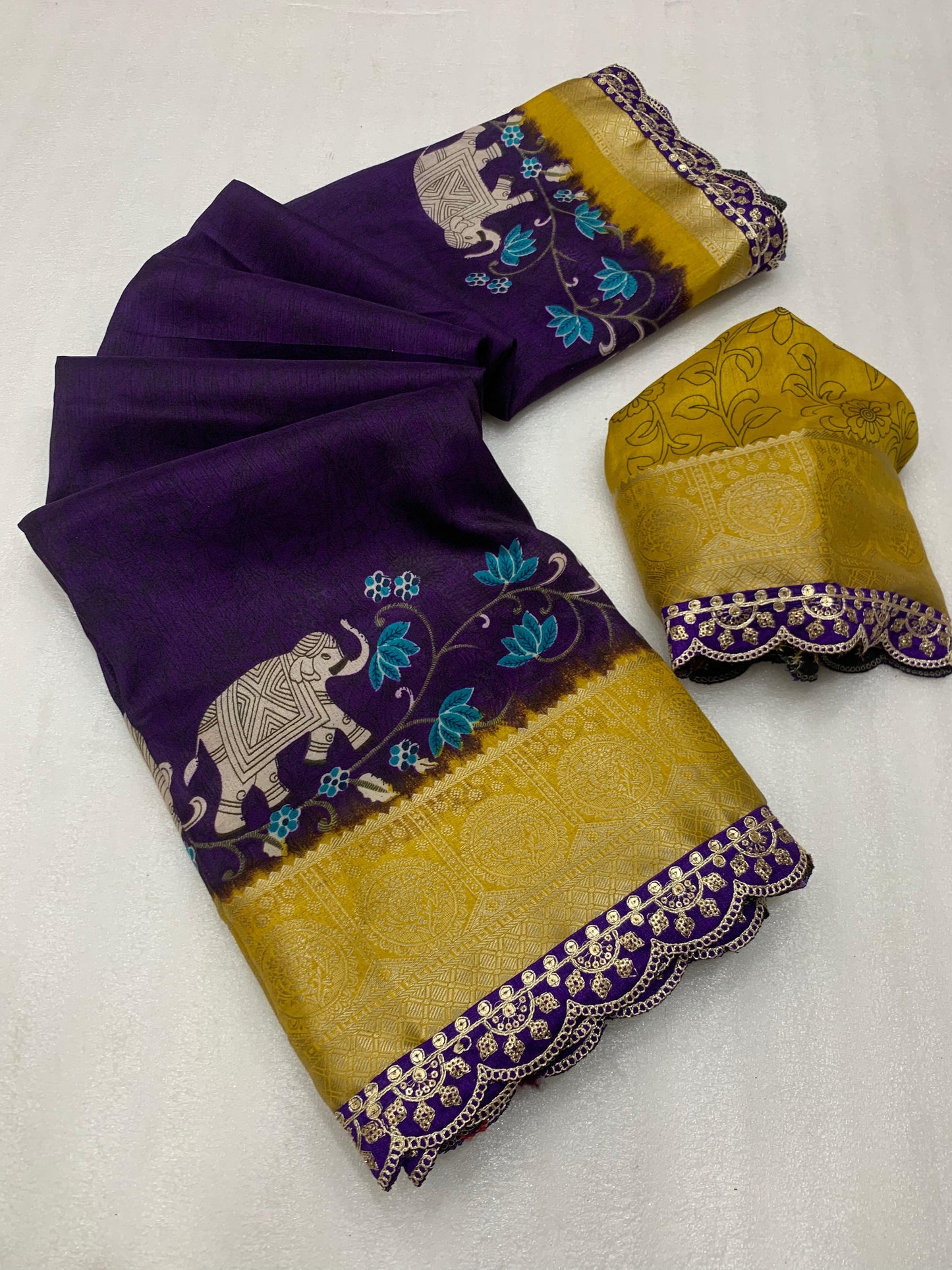 Beautiful Benny crape saree with all over kalamkari design along with scallop maggam work lace at border - Swaraas